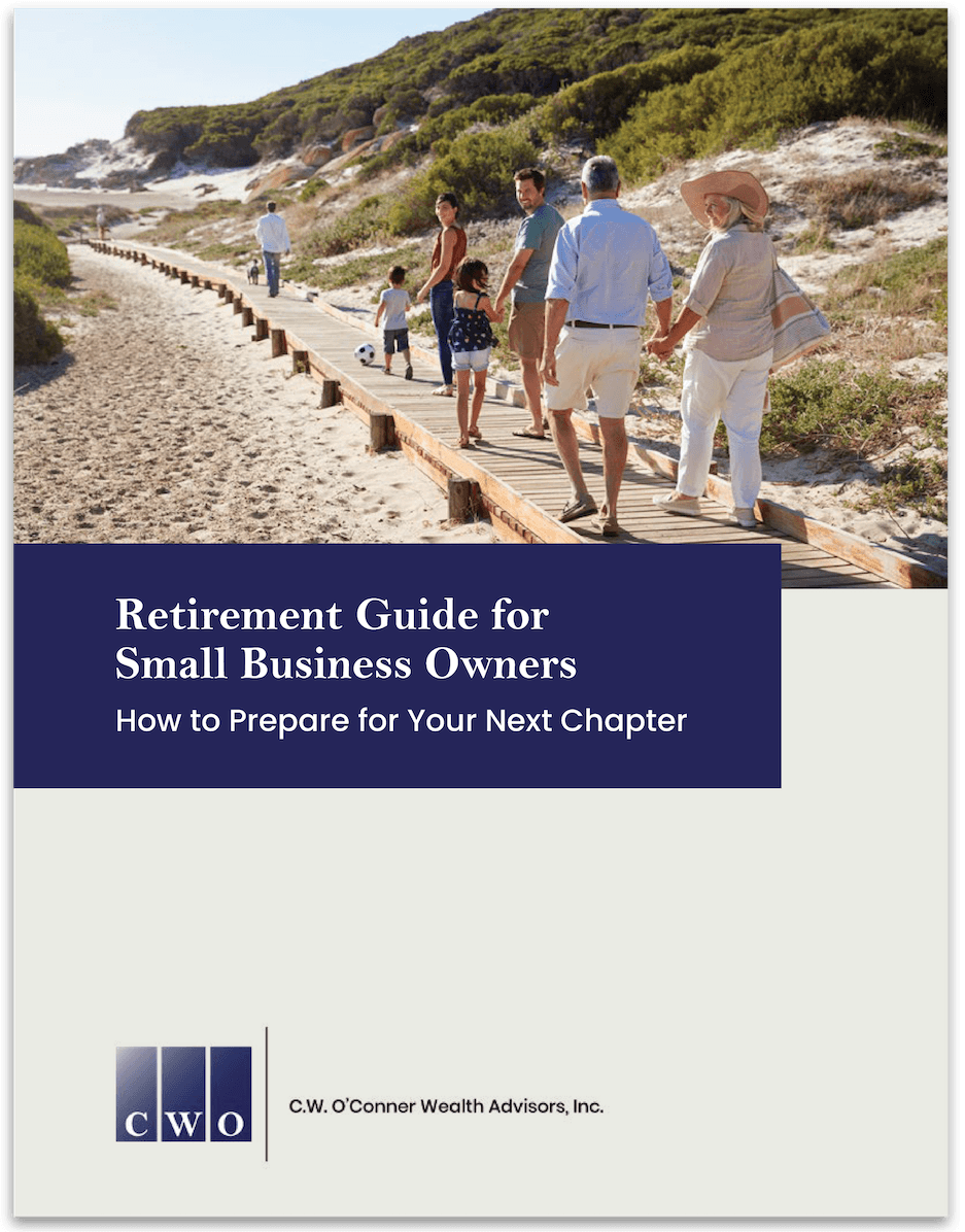Small Business Owner Retirement Guide, featuring photo of a happy, multi-generational family at the beach